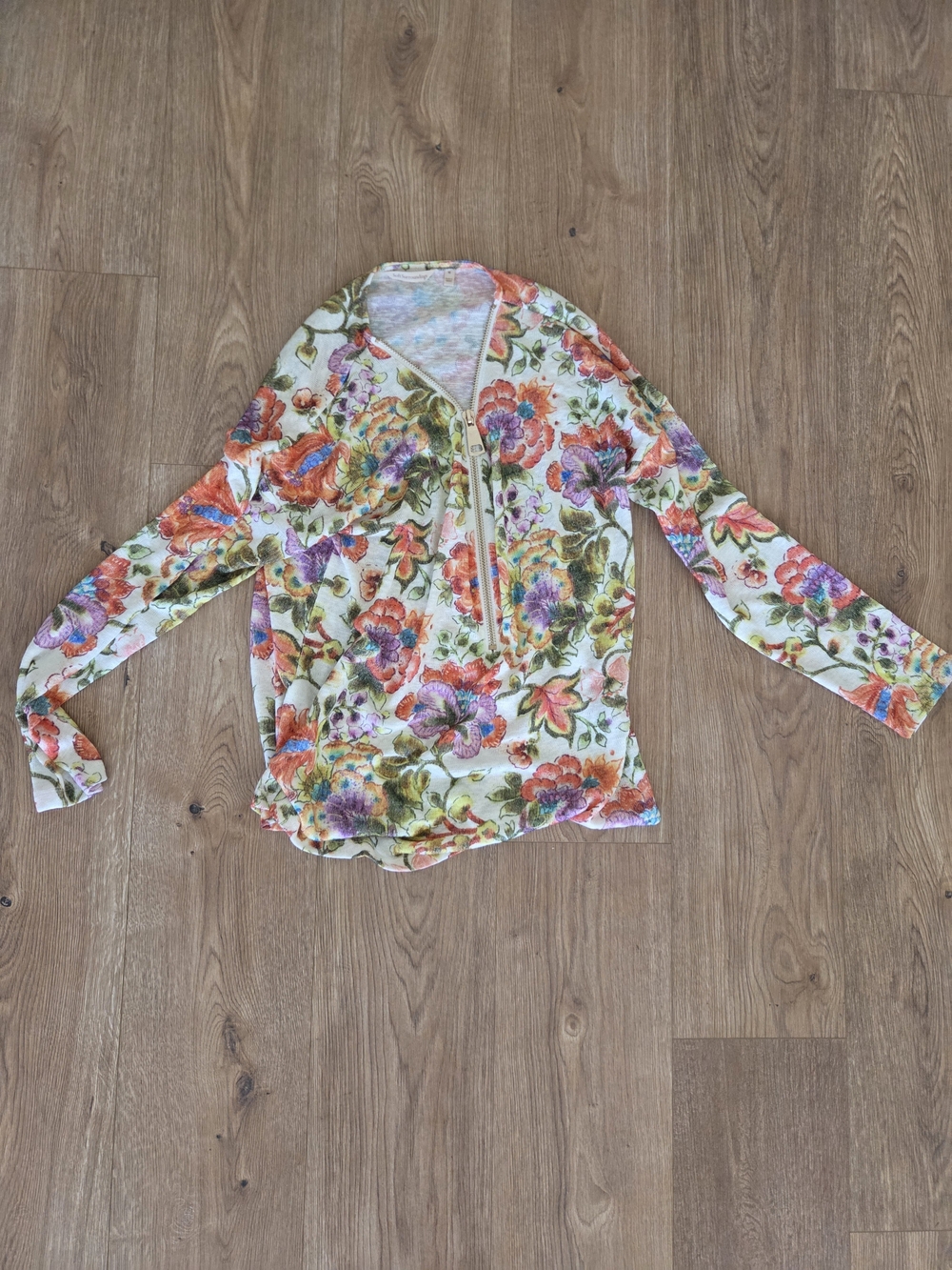 Soft Surroundings Floral Half-Zip Long Sleeve Top - White, Orange, Green, Purple